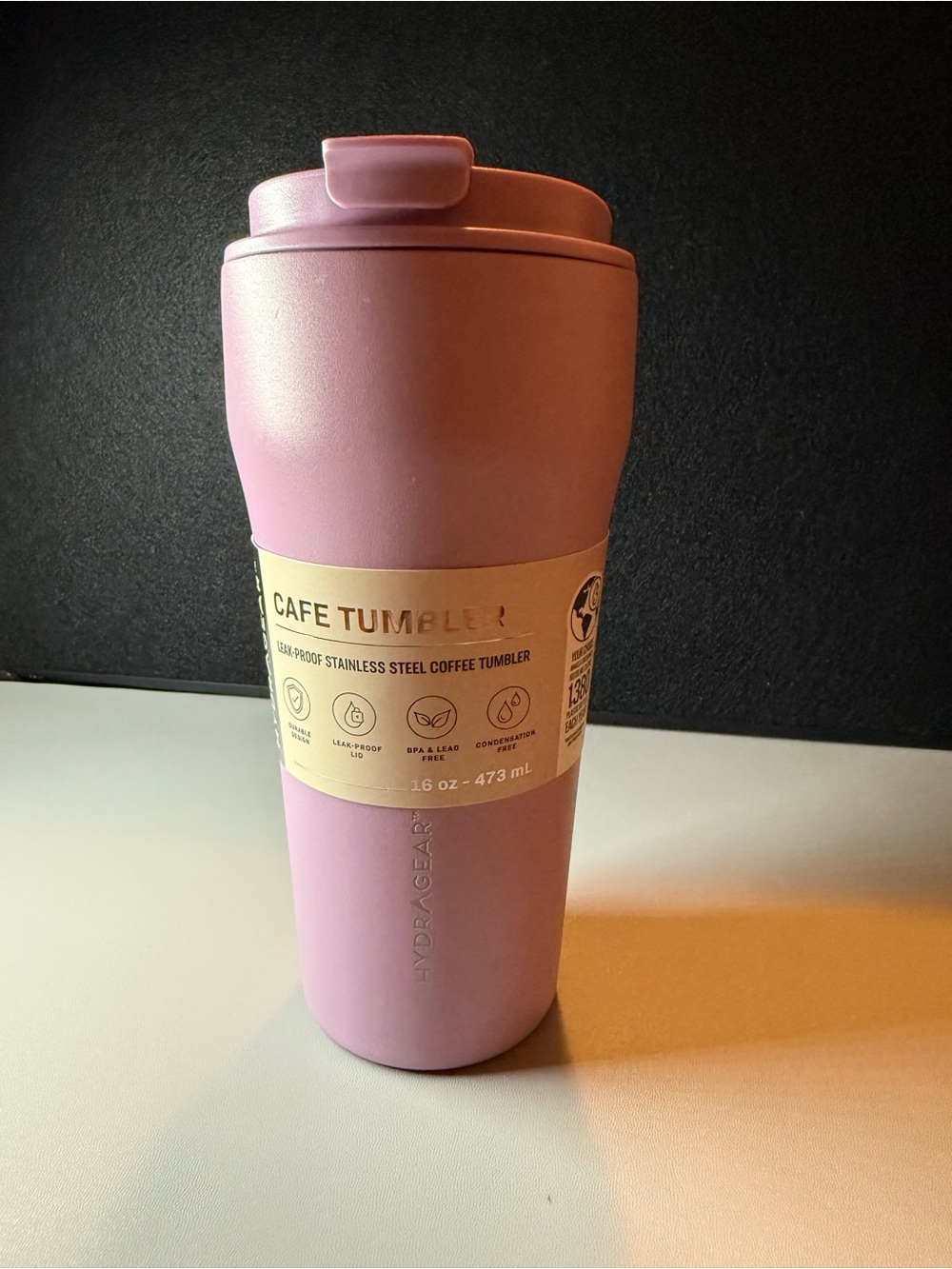 NEW HydraGear 16oz Violet Café Tumbler Leak-Proof Stainless Steel